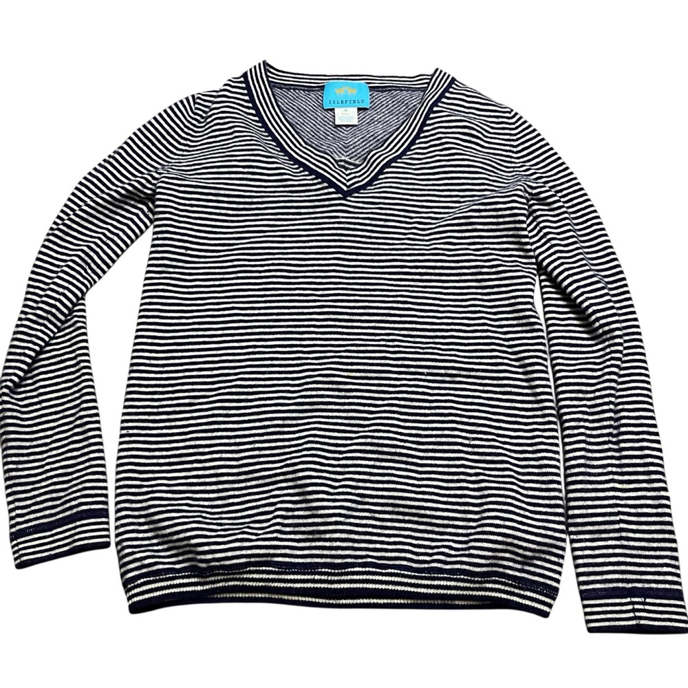 islefield Perfect V-Neck Sweater Blue White Silk Cashmere Blend Size Medium